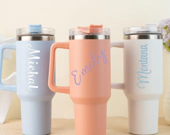 Personalised 40oz Double Wall Insulated Cup Travel Bottle Rubber Handles Hot Cold Mug With Straw Gift for Her Custom Name Cup Mothers Day