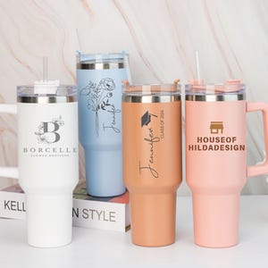 Personalisiertes Logo 40 Unzen Griff Becher mit Stroh, fügen Sie Ihr LOGO hinzu, lasergravierte Edelstahlbecher, Cooperate Geschenk, benutzerdefinierte Tasse mit Logo