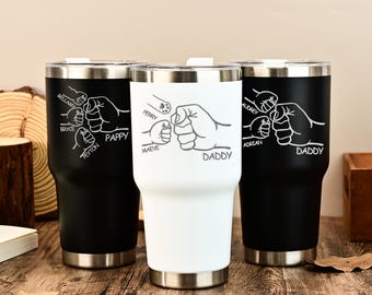 Dad Fist Bump Kids Names Tumbler, Father's Day Gift for Daddy, Tumbler Laser Engraved 30oz Stainless Steel Cup, Personalised Tumbler for Dad