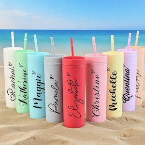 Personalized Skinny Tumbler,Bridesmaid Tumbler with Straw,Bachelorette Party,Wedding Party Water Glass Gifts,Beach Cup,Customized Bridal Cup