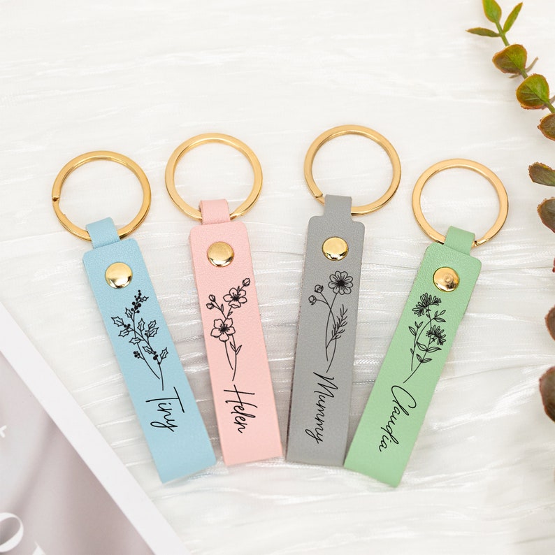 Personalized Birth Flower Keychain, Engraved Leather Keyring, Custom Birthday Gifts for Her, Birth Flwoer Gift with Name,Unique Holiday Gift image 5