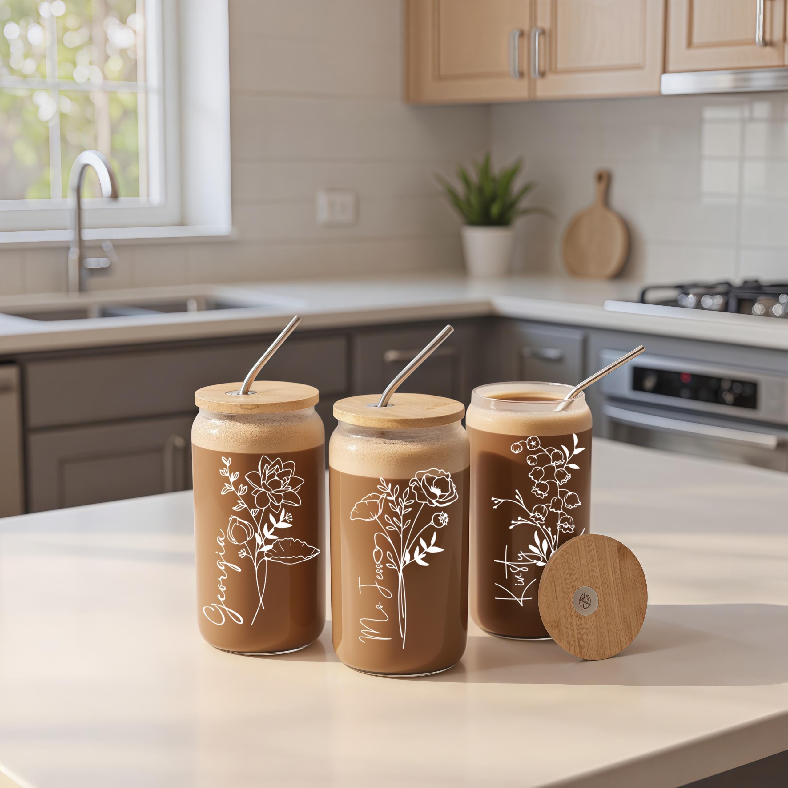 Personalized Iced Coffee Cup 16oz Glass Cup, Custom Beer Can Glass with Lid and Straw, Glass Can Coffee Cup, Bridal Shower Gift