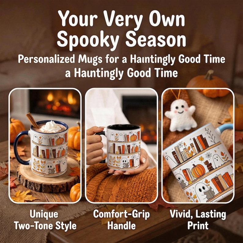Personalized Halloween Ghost Reading Mug, Spooky Bookshelf Ceramic Cup ...