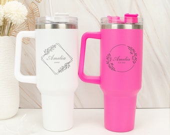 Personalized 40oz Tumbler with Handle & Straw, Custom Name Travel Mug, Engraved Cup for Her, Laser Name Tumbler, Bridesmaid Proposal