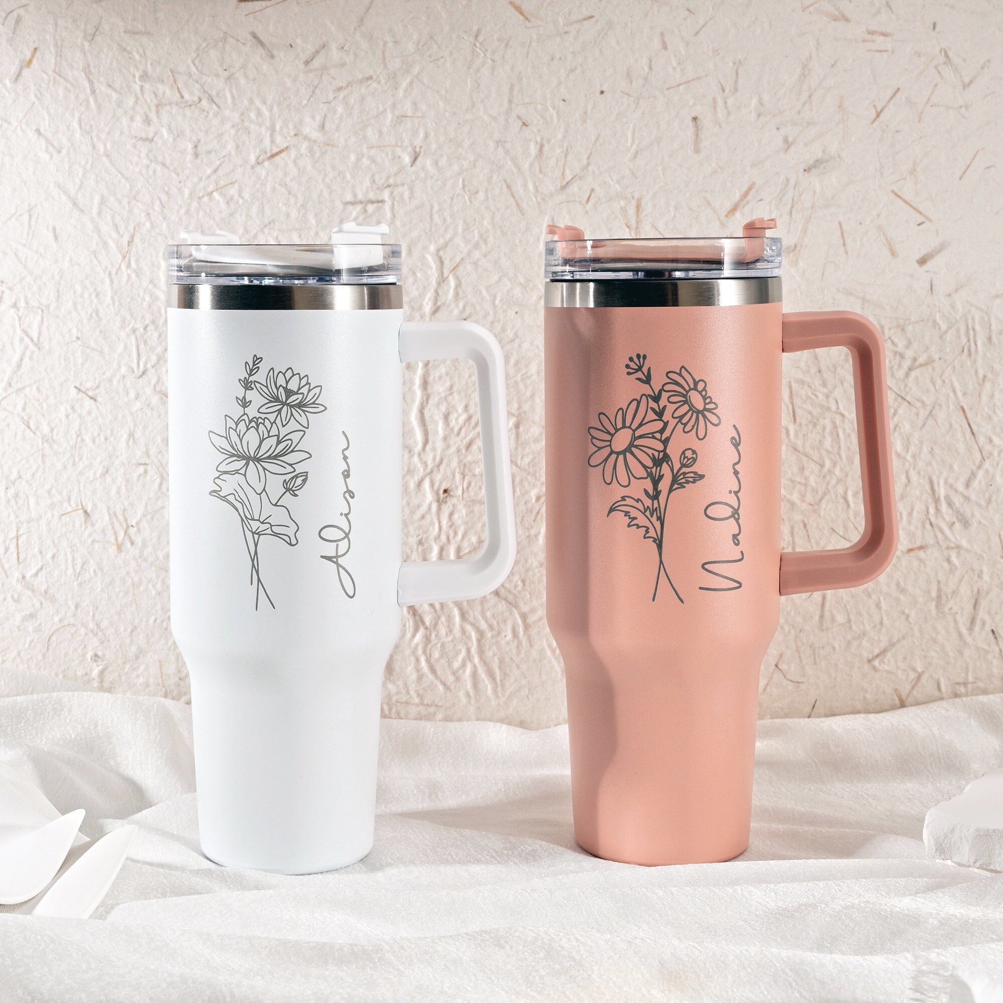 Personalized Birth Flower Tumbler for Bridesmaid Gifts, Custom Insulated 40oz Cup with Handle & Straw, Unique Color Options
