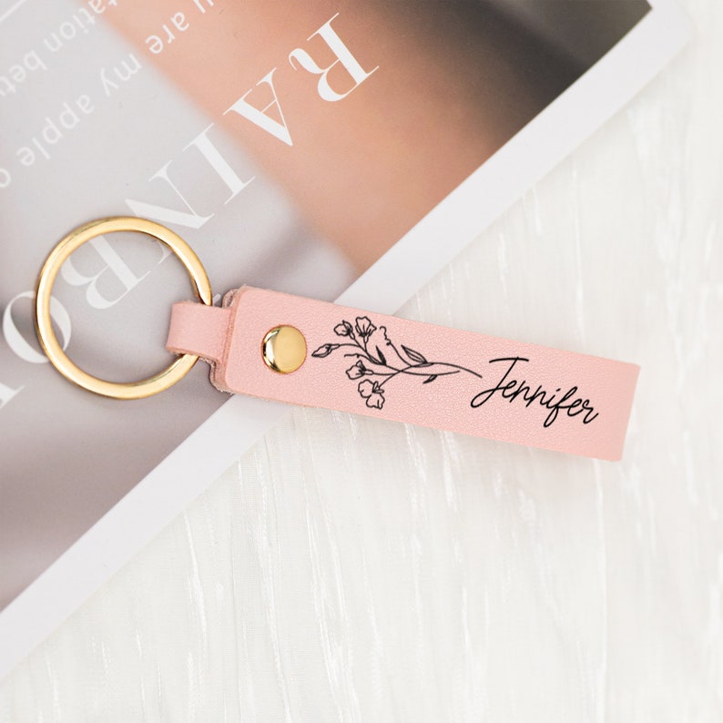 Personalized Birth Flower Keychain, Engraved Leather Keyring, Custom Birthday Gifts for Her, Birth Flwoer Gift with Name,Unique Holiday Gift image 4