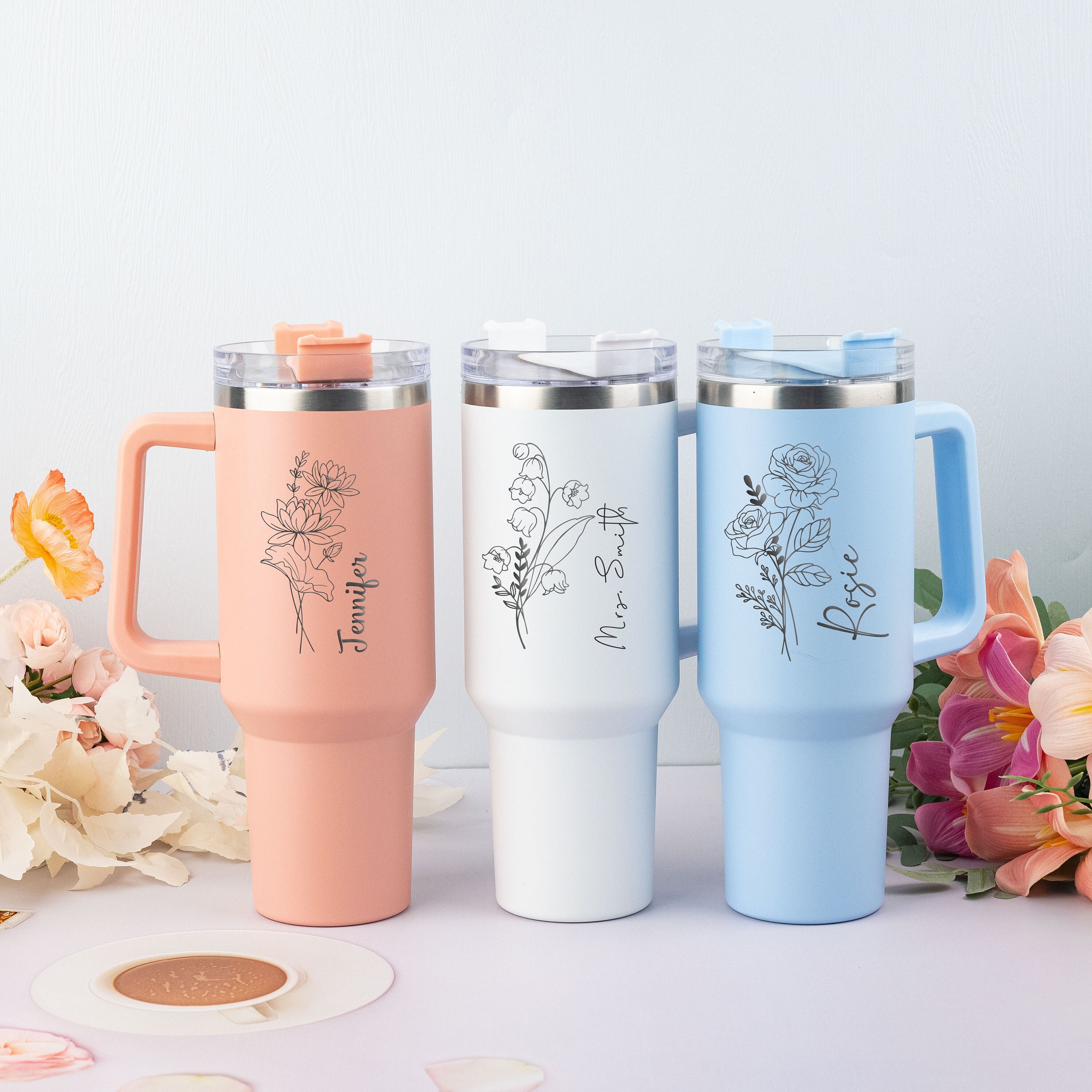 Personalized Birth Flower Tumbler for Bridesmaid Gifts, Custom Insulated 40oz Cup with Handle & Straw, Unique Color Options