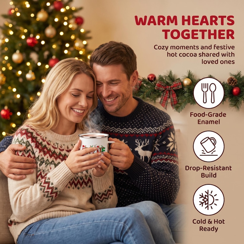 K&ouml;nnte beinhalten: Ein wei&szlig;er Emaille-Becher mit festlicher Grafik, gehalten von zwei Personen in gemusterten Pullovern. Text: WARM HEARTS TOGETHER, Food-Grade Enamel, Drop-Resistant Build, Cold & Hot Ready, dazu Symbole f&uuml;r Besteck, Becher sowie Sonne und Schneeflocke.