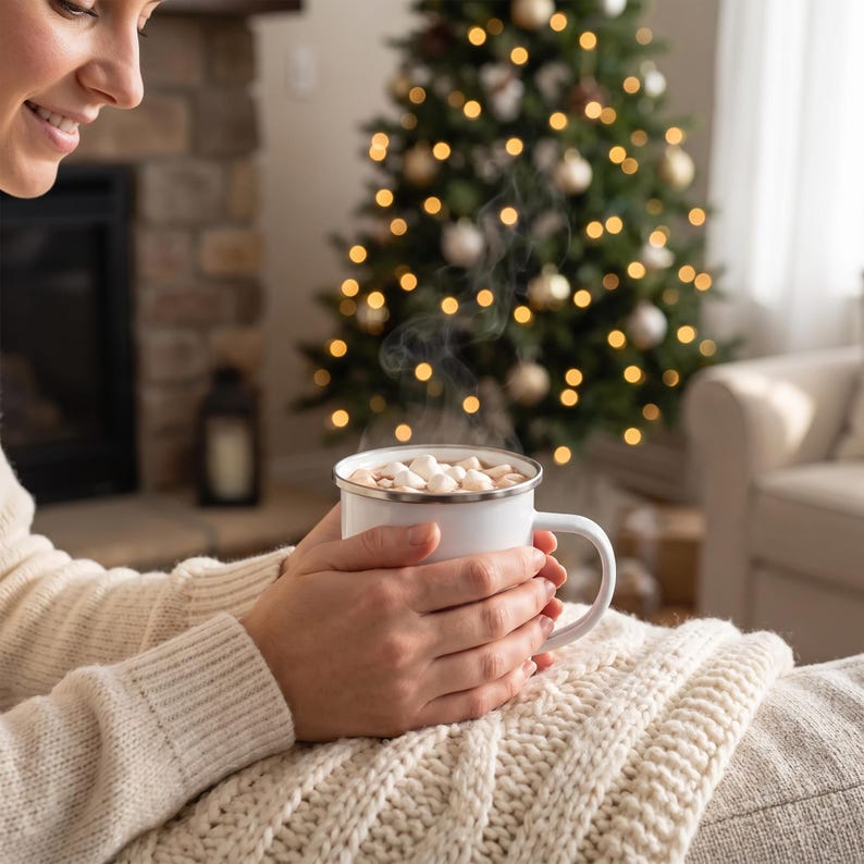 K&ouml;nnte beinhalten: Ein wei&szlig;er Emaillebecher gef&uuml;llt mit einem Hei&szlig;getr&auml;nk und kleinen wei&szlig;en Marshmallows, gehalten von H&auml;nden in einem cremefarbenen Zopfstrickpullover, mit aufsteigendem Dampf vor einem unscharfen Hintergrund.