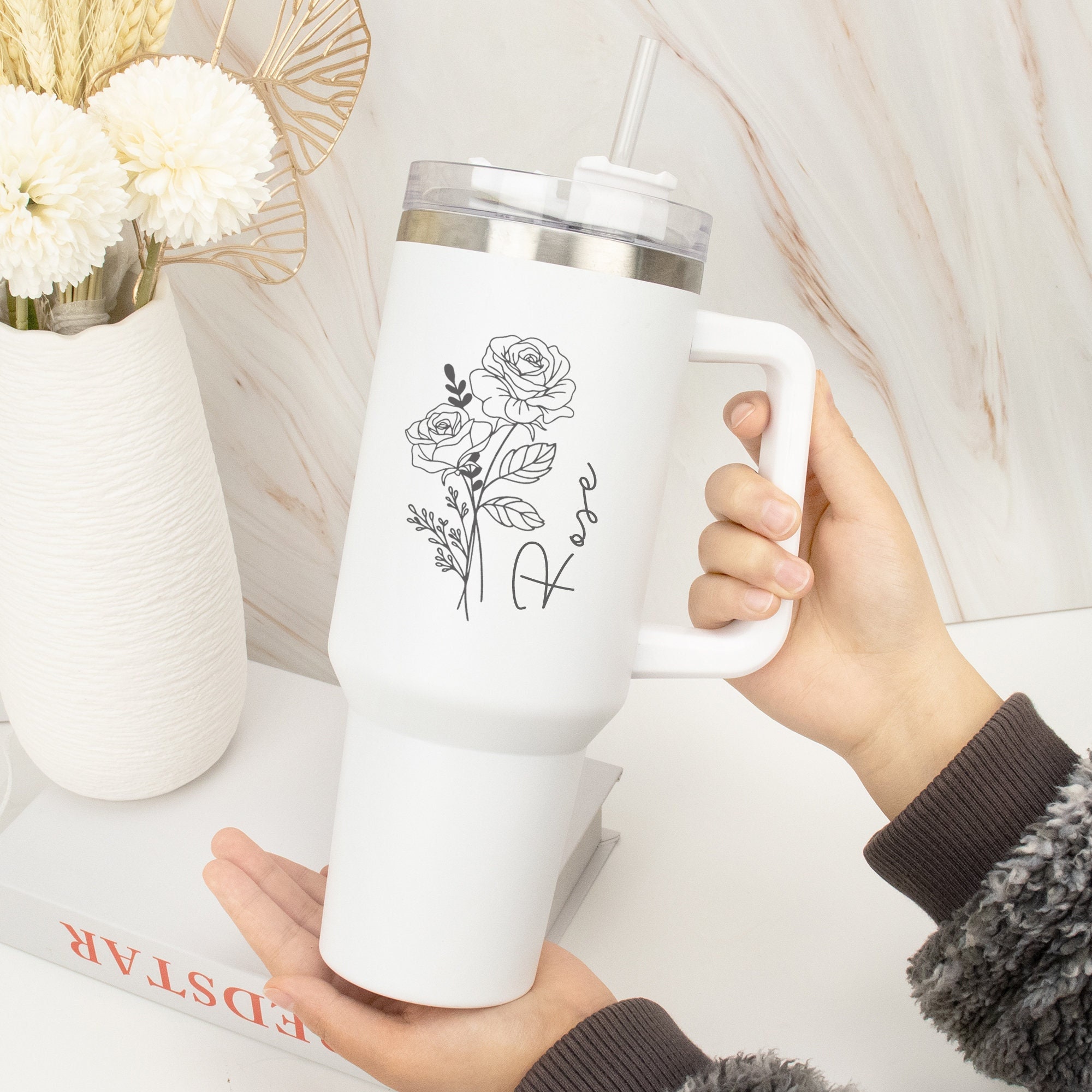 Personalized Birth Flower Tumbler for Bridesmaid Gifts, Custom Insulated 40oz Cup with Handle & Straw, Unique Color Options