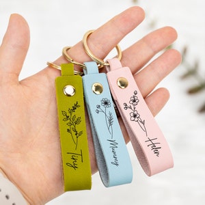 Personalized Birth Flower Keychain, Engraved Leather Keyring, Custom Birthday Gifts for Her, Birth Flwoer Gift with Name,Unique Holiday Gift image 2