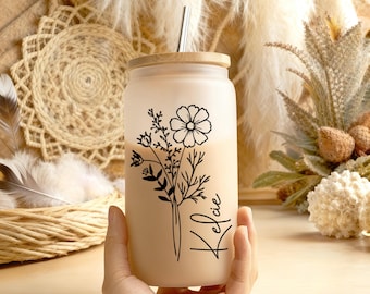 Vaso de flores de nacimiento personalizado, regalos para ella, regalo de propuesta de dama de honor, regalo de graduación, taza de café de vidrio con flores personalizadas, regalos de Navidad