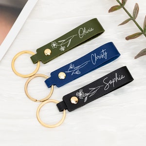 Personalized Birth Flower Keychain, Engraved Leather Keyring, Custom Birthday Gifts for Her, Birth Flwoer Gift with Name,Unique Holiday Gift image 3