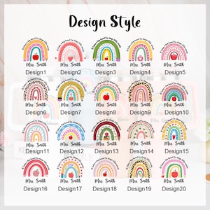 Puede incluir: Veinte dise&ntilde;os de arco&iacute;ris con una manzana y el texto "Mrs. Smith". Los dise&ntilde;os, numerados del "Dise&ntilde;o 1" al "Dise&ntilde;o 20", presentan diversas combinaciones de colores y patrones, ideales para profesores.