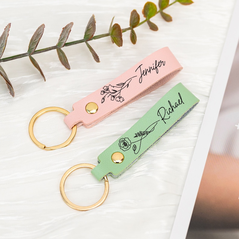 Personalized Birth Flower Keychain, Engraved Leather Keyring, Custom Birthday Gifts for Her, Birth Flwoer Gift with Name,Unique Holiday Gift image 1