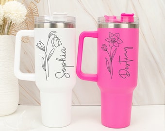 Personalized Birth Flower Tumbler, Custom 40oz Tumbler with Handle &Straw, Gift for Friends, Bridesmaid Gifts, Engraved Travel Cup