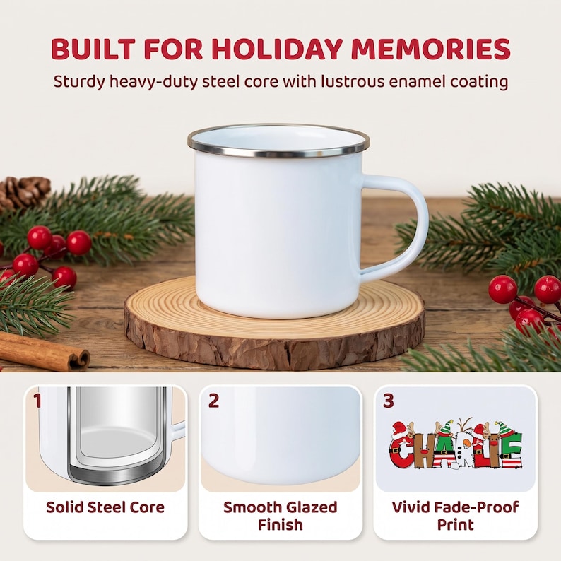 K&ouml;nnte beinhalten: Ein wei&szlig;er Emaille-Becher mit silbernem Rand und Henkel. Der Text lautet: BUILT FOR HOLIDAY MEMORIES, Sturdy heavy-duty steel core with lustrous enamel coating, Solid Steel Core, Smooth Glazed Finish, Vivid Fade-Proof Print, und CHARLIE.