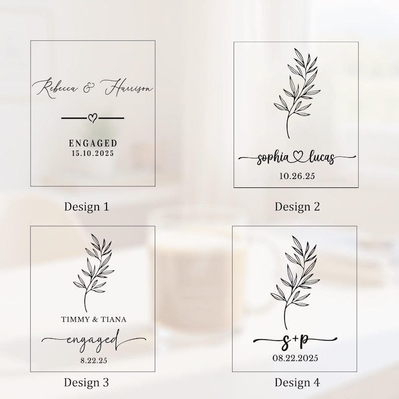Peut inclure: Quatre mod&egrave;les de faire-part de fian&ccedil;ailles personnalis&eacute;s. Le mod&egrave;le 1 comprend des noms, le mot &laquo; ENGAGED &raquo; et une date. Les mod&egrave;les 2, 3 et 4 incluent des noms, des dates et des illustrations botaniques. Tous les mod&egrave;les sont en script noir.