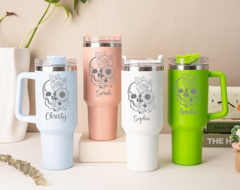 Personalized Engraved Skull Floral Tumbler, Custom Skeleton Cup Spooky Halloween Mug, Custom Fall Gift Engraved Skull Gothic Drinkware