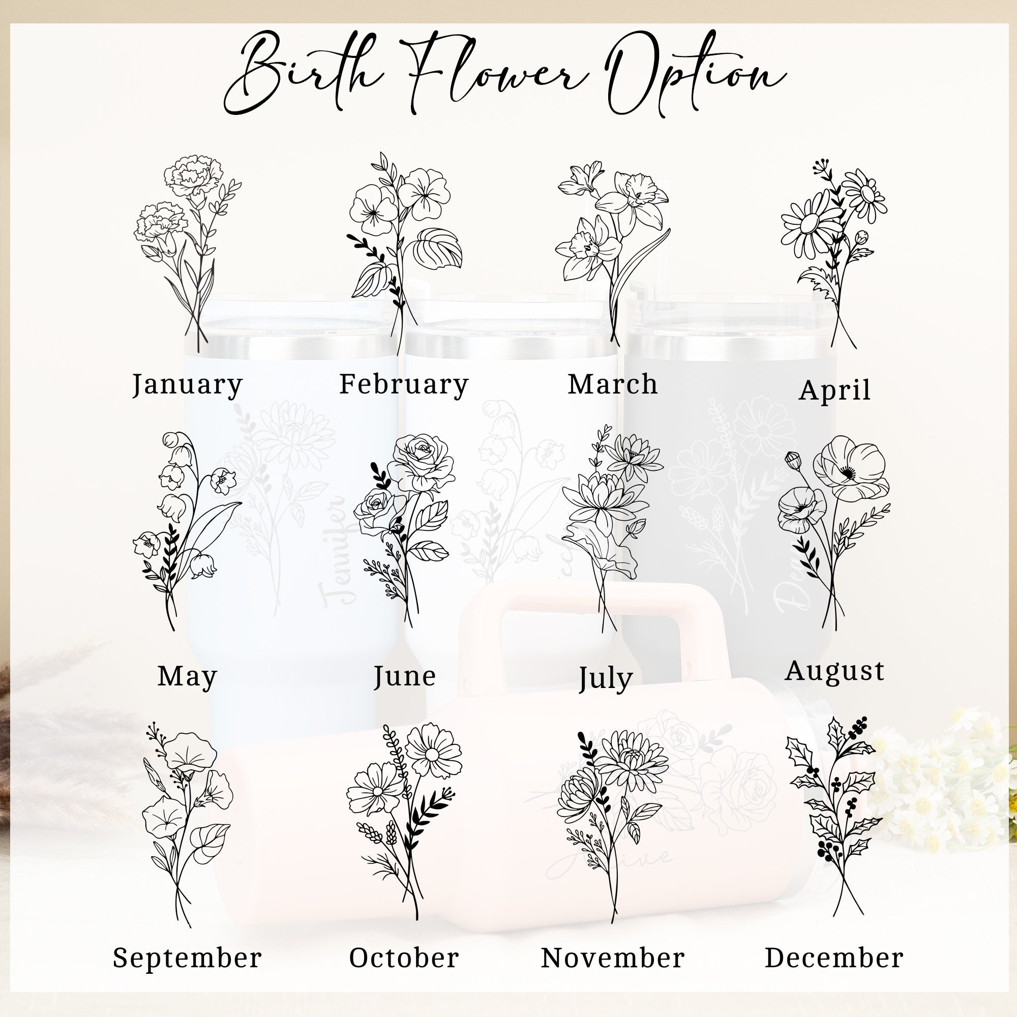 Personalized Birth Flower Tumbler for Bridesmaid Gifts, Custom Insulated 40oz Cup with Handle & Straw, Unique Color Options