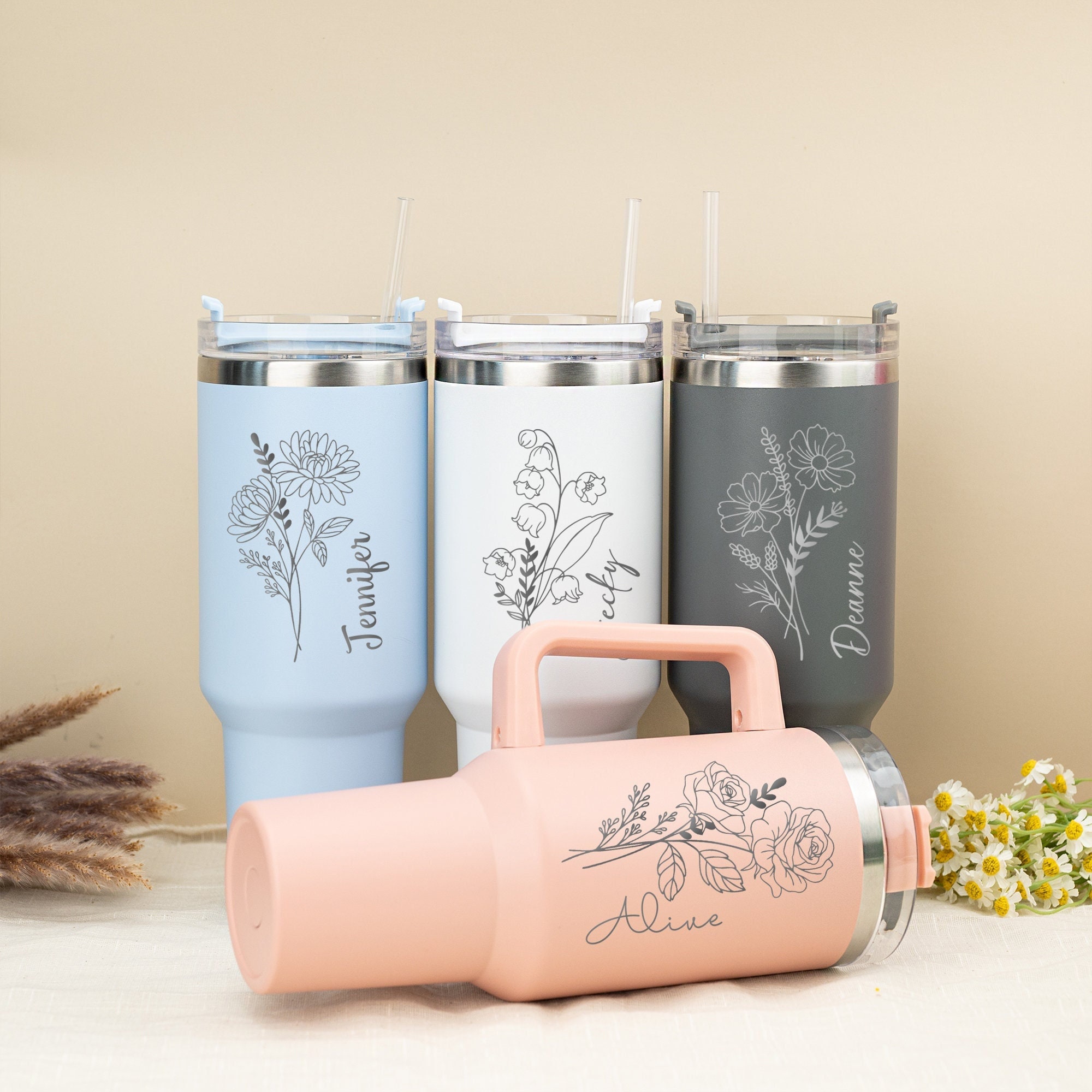 Personalized Birth Flower Tumbler for Bridesmaid Gifts, Custom Insulated 40oz Cup with Handle & Straw, Unique Color Options