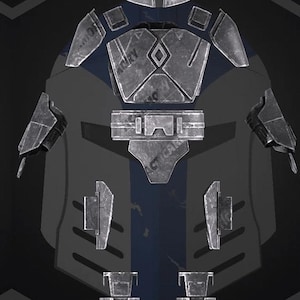 May include: A set of dark gray metallic armor pieces including a T-visor helmet, chest plate with a central diamond emblem, shoulder pauldrons, gauntlets, a belt, and lower leg guards. The armor features a weathered finish and visible text markings.