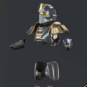 May include: A futuristic black and gold armor set, including a helmet, shoulder pads, chest piece, arm guards, and leg armor. The design features sleek lines and metallic accents, suggesting a high-tech or sci-fi theme. The armor is displayed against a dark background.