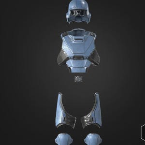 May include: A disassembled light blue futuristic armor set. The set includes a helmet, chest piece, shoulder pads, and lower leg armor. The armor has dark gray accents and is displayed against a dark gray background. The image also includes a logo and website address.