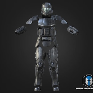 May include: A full set of dark gray futuristic armor, including a helmet, chest plate, and leg guards. The armor is detailed with various panels and attachments, suggesting a high-tech design. The image includes the text "PATREON.COM/GALACTICARMORY".