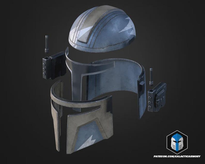May include: A disassembled blue and gray helmet with white star-shaped accents. The helmet is composed of several parts, including a top piece, face guard, and side components. The design suggests a futuristic or science fiction theme.