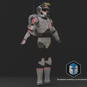 May include: A gray and red armored costume, likely for cosplay or display. The helmet has a distinctive design with a visor and antenna. The armor includes shoulder pads, arm guards, and leg coverings. The overall design suggests a futuristic or science fiction theme.