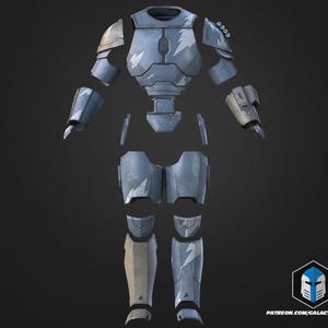 May include: A disassembled set of futuristic armor in shades of blue and beige, with a stylized lightning bolt design. The armor includes chest, shoulder, arm, leg, and hip pieces. The image also includes the text "PATREON.COM/GALACTICARMORY".