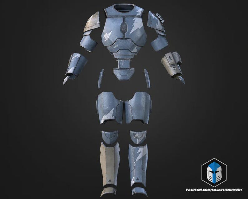 May include: A disassembled set of futuristic armor in shades of blue and beige, with a stylized lightning bolt design. The armor includes chest, shoulder, arm, leg, and hip pieces. The image also includes the text "PATREON.COM/GALACTICARMORY".
