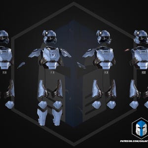 May include: A set of light blue and dark gray modular armor components including a helmet, chest plate, shoulder guards, and leg pieces. The display features multiple views of the armor parts arranged in a grid, with the text PATREON.COM/GALACTICARMORY.