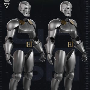 May include: Two identical silver-colored robotic suits of armor featuring a metallic mask, shoulder plates, gold-toned circular accents, and a gold-toned belt buckle. The armor pieces are displayed as separate components including a helmet, torso, arms, and legs.