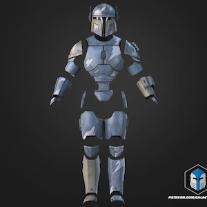 May include: A disassembled, light blue and gray Mandalorian armor set. The helmet, chest, shoulder pads, arm guards, and leg armor are all separate. The armor has a weathered appearance, with visible scratches and wear. The image includes the text "PATREON.COM/GALACTICARMORY".