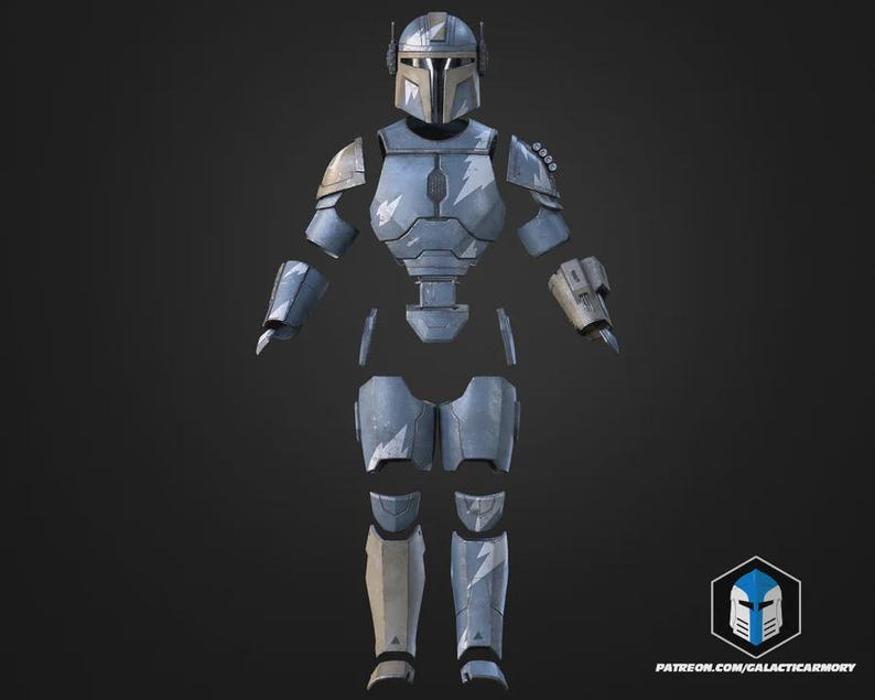 May include: A disassembled, light blue and gray Mandalorian armor set. The helmet, chest, shoulder pads, arm guards, and leg armor are all separate. The armor has a weathered appearance, with visible scratches and wear. The image includes the text "PATREON.COM/GALACTICARMORY".