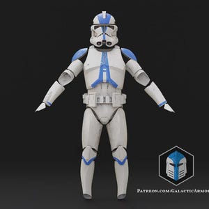 May include: A full-body image of a white and blue armored suit. The suit has a helmet, shoulder pads, and knee pads with blue accents. The armor has a utility belt and is standing against a dark background. The text "PATREON.COM/GALACTICARMORY" is visible.