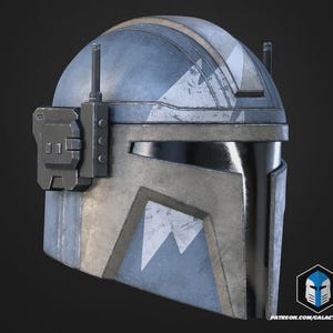 May include: A detailed, weathered Mandalorian helmet in shades of blue and gray. The helmet features a visor, antenna, and a side-mounted device. White geometric patterns adorn the top and front, with a logo on the lower right.