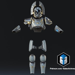 May include: A silver and gold futuristic armor set, including a helmet, shoulder pads, chest piece, arm guards, and leg armor. The armor has intricate detailing and a sleek design. The image also includes a logo with the text "Patreon.com/GalacticArmory".