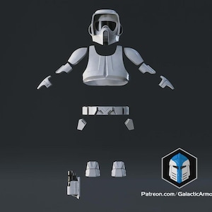 May include: A disassembled white Scout Trooper armor set, including a helmet, chest plate, arm and leg pieces, belt, and utility pouches. The armor is displayed against a dark gray background. The image includes the text "Patreon.com/GalacticArmory".