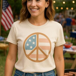 American Peace Symbol 4th of July Patriotic Unisex Softstyle T-Shirt, Independence Day Tee, USA Top, Red White Blue Family Outfit, American