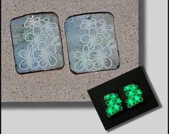 Glow in the Dark Copper and Floral Rectangle Earring Components with Overlay, Hand-Crafted Jewelry Charms, Handmade Jewelry Components