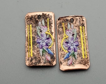 Copper Rectangle Earring Components with Pastel Flowers and Gold Accents, Hand-Crafted Jewelry Charms, Handmade Jewelry Blanks