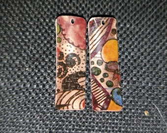 Colorful Copper Rectangle Earring Components with Abstract Overlay, Hand-Crafted Jewelry Charms, Handmade Jewelry Components