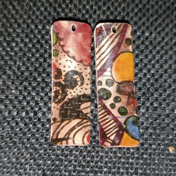 Colorful Copper Rectangle Earring Components with Abstract Overlay, Hand-Crafted Jewelry Charms, Handmade Jewelry Components