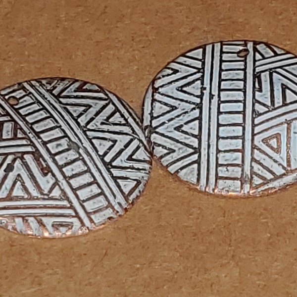 Intricate Geometric Zentangle Pattern Etched Copper Round Earring Components with White Patina, Handmade Hand-Painted Jewelry Charms