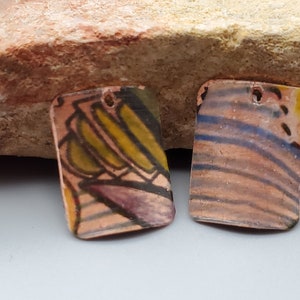 Colorful Copper Rectangle Earring Components with Abstract Overlay, Hand-Crafted Jewelry Charms, Handmade Jewelry Components