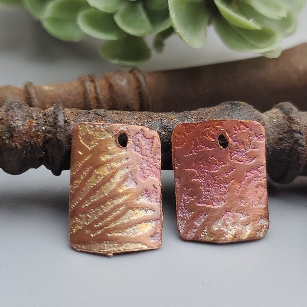 Small Flame-Painted Iridescent Textured Copper Rectangle Earring Components, Hand-Crafted Jewelry Charms, Handmade Jewelry Components