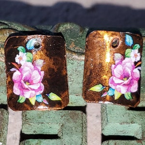 Copper and Floral Rectangle Earring Components with Patina, Hand-Crafted Jewelry Charms, Handmade Jewelry Components